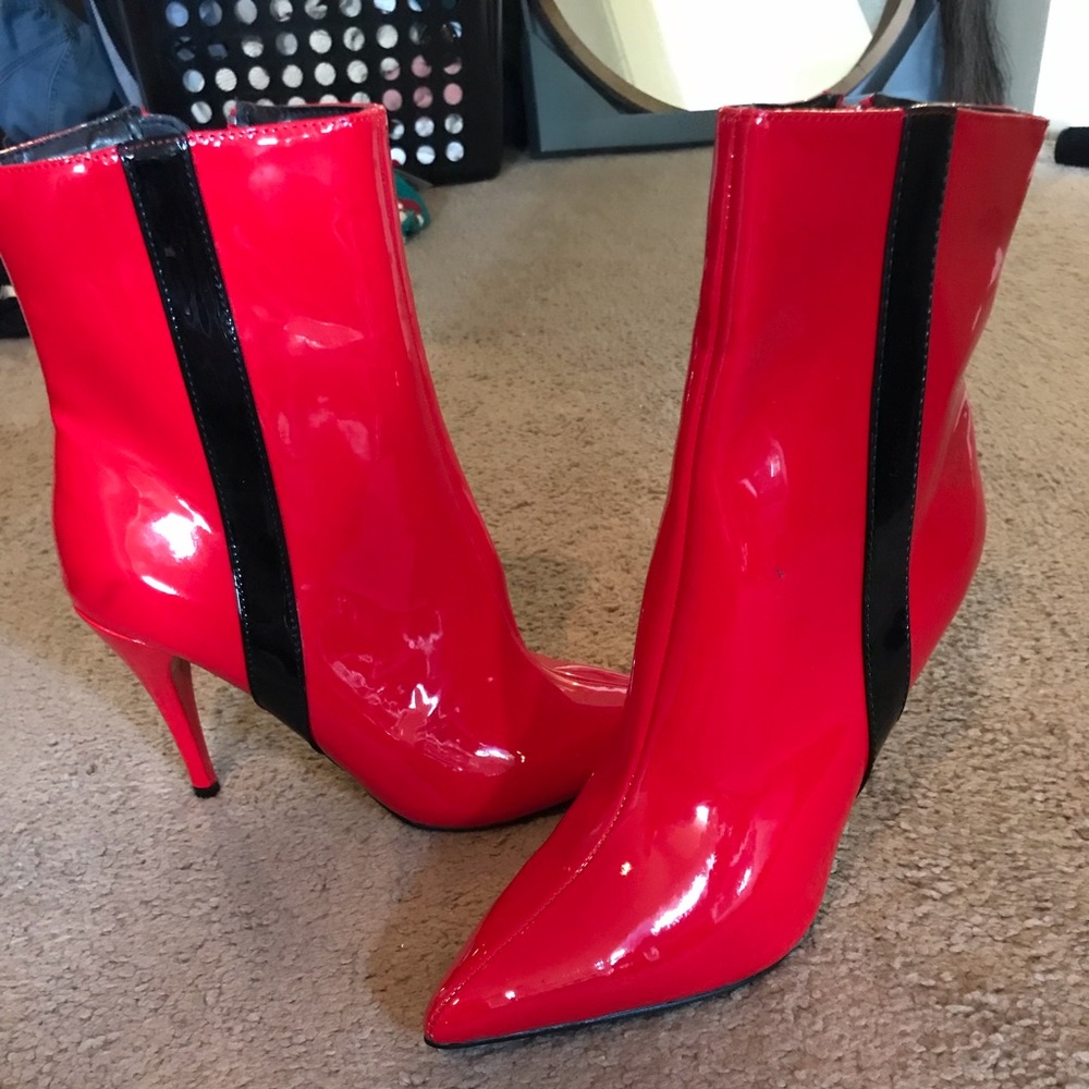 Patent red booties with stiletto heel